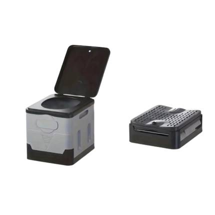 Bærbart campingtoilet i dyb grå – sammenklappeligt design med låg til camping og rejser