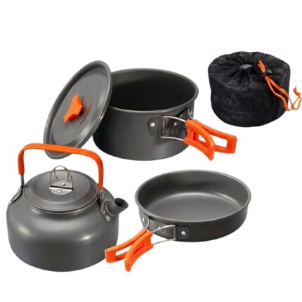 Camping kogegrej sæt i sort, grøn og orange - kompakt design til nem pakning og madlavning på tur
