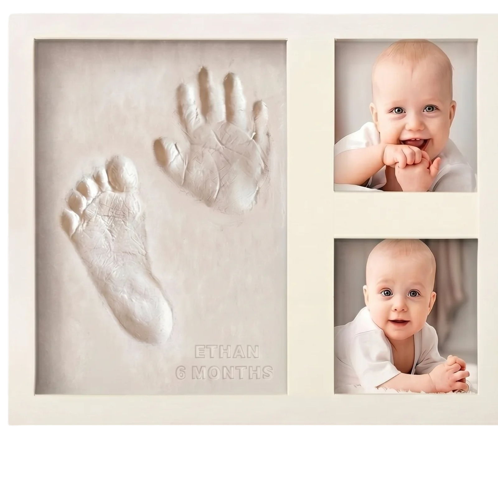 32229_enhanced_background Fodspor sæt til baby i hvid med ramme til hånd- og fodaftryk og plads til babyfotos og minder - Billede 1