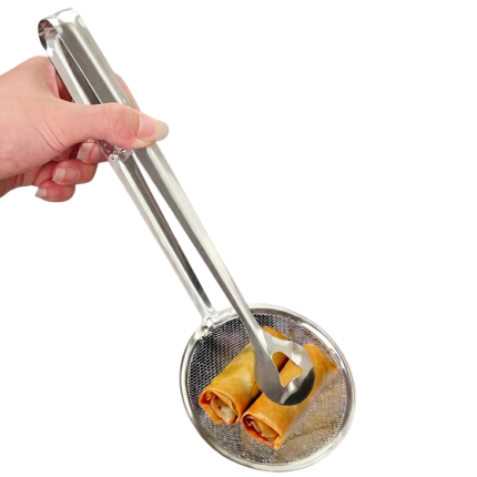 Højtemperaturbestandig si-ske og tang i rustfrit stål til sikker håndtering og afdrypning af frituremad