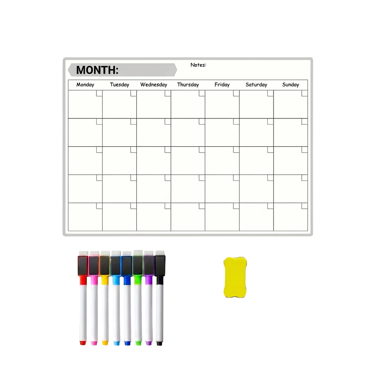 Magnetisk kalendertavle til månedlig planlægning med notesfelt, tuscher og viskelæder Magnetisk kalendertavle til månedlig planlægning med notesfelt, tuscher og viskelæder