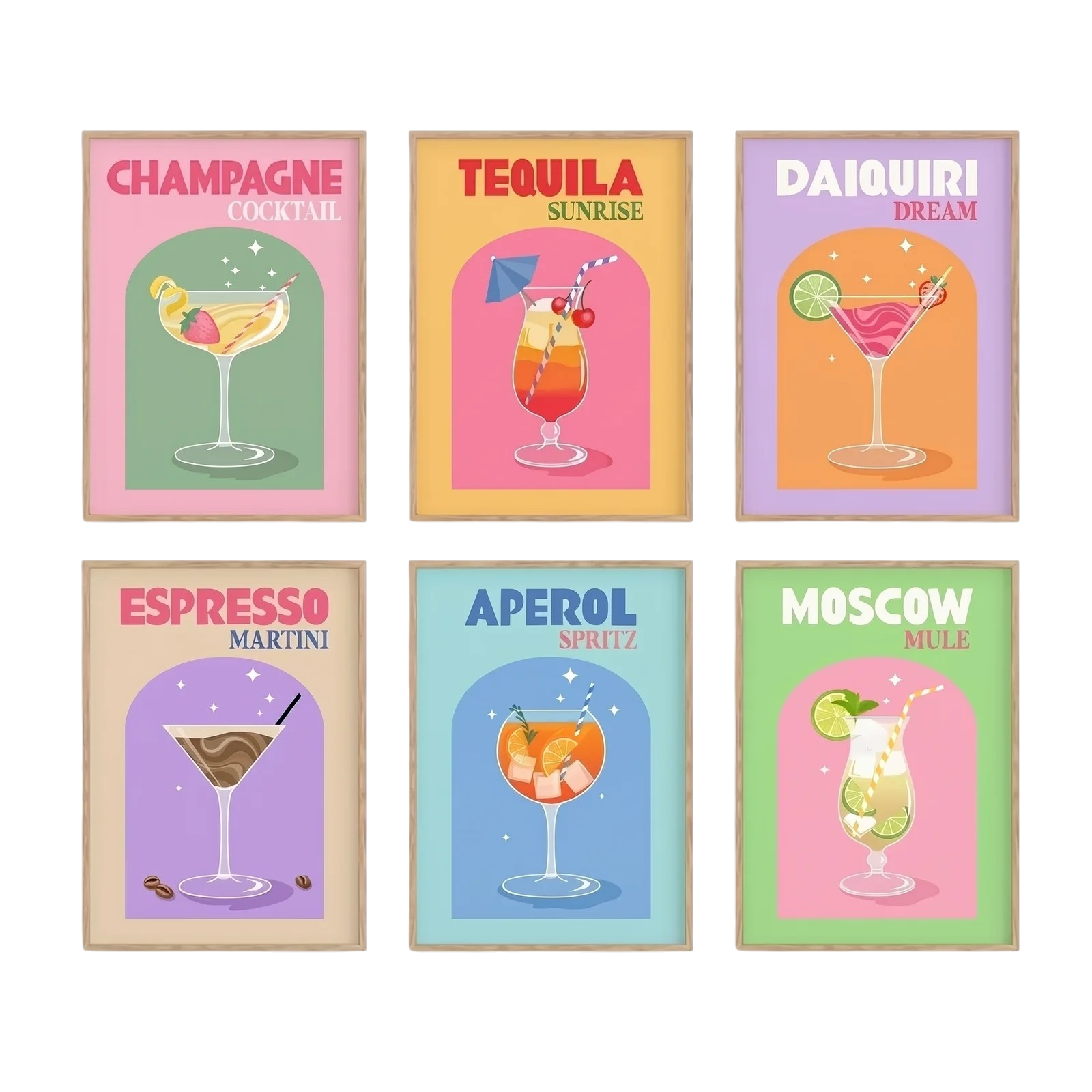 Drikke plakater som plakatsæt med farverige motiver og moderne vægdekoration til hjem eller bar Drikke plakater som plakatsæt med farverige motiver og moderne vægdekoration til hjem eller bar