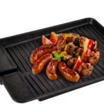Grillpande med non-stick belægning til røgfri grillning med riller til kød, pølser og grøntsager