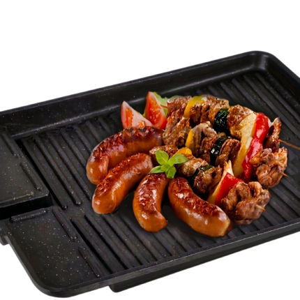 Grillpande med non-stick belægning til røgfri grillning med riller til kød, pølser og grøntsager