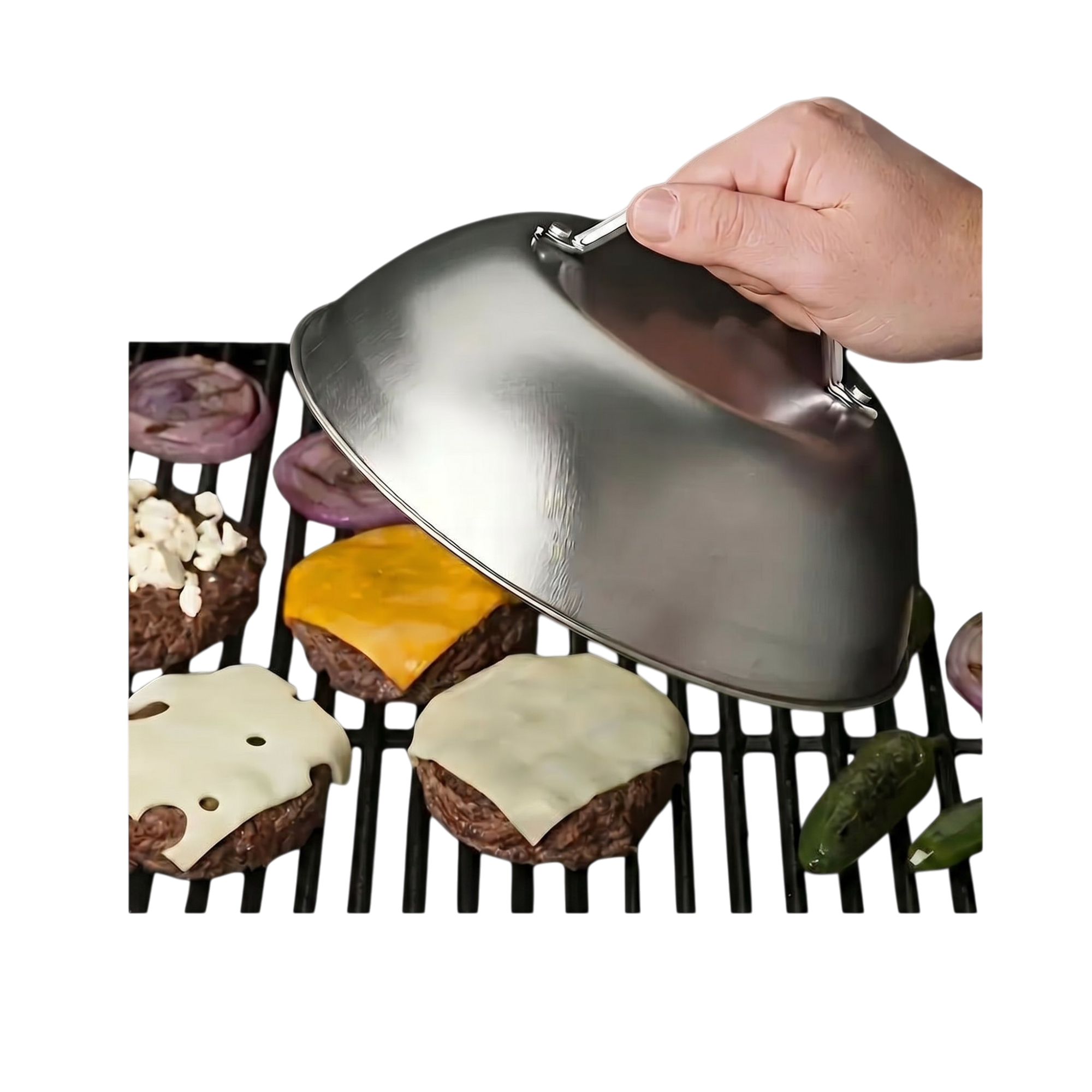 33781_enhanced_background Ostelåg i rustfrit stål til jævn ostesmeltning og burgerdampning med håndtag - Billede 1