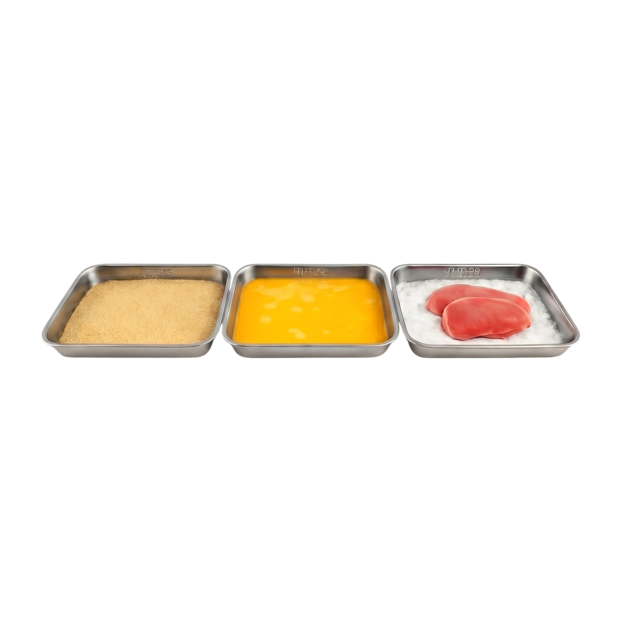 Paneringsbakker i rustfrit stål – 3-delt sæt til adskilte ingredienser og organiseret panering Paneringsbakker i rustfrit stål – 3-delt sæt til adskilte ingredienser og organiseret panering
