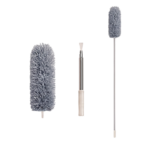 Støvfjerner med mikrofiber og teleskopskaft i grå og sølv til skånsom rengøring i højde og smalle områder