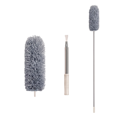 Støvfjerner med mikrofiber og teleskopskaft i grå og sølv til skånsom rengøring i højde og smalle områder
