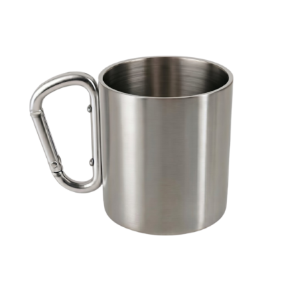 Udendørs kop i rustfrit stål med karabinhank og enkelt design til camping, vandring og friluftsliv