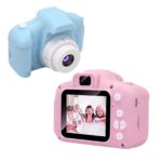 Børnekamera i blå og pink med skærm og enkel fotostart til små hænder