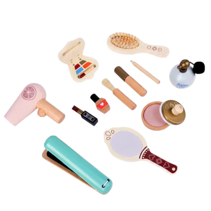 Makeup legetøj i træ til rolleleg med spejl, hårtørrer og makeuptilbehør til kreativ leg