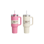 Termokop i hvid og pink med låg, sugerør og lang varme- og kuldebevaring til farten