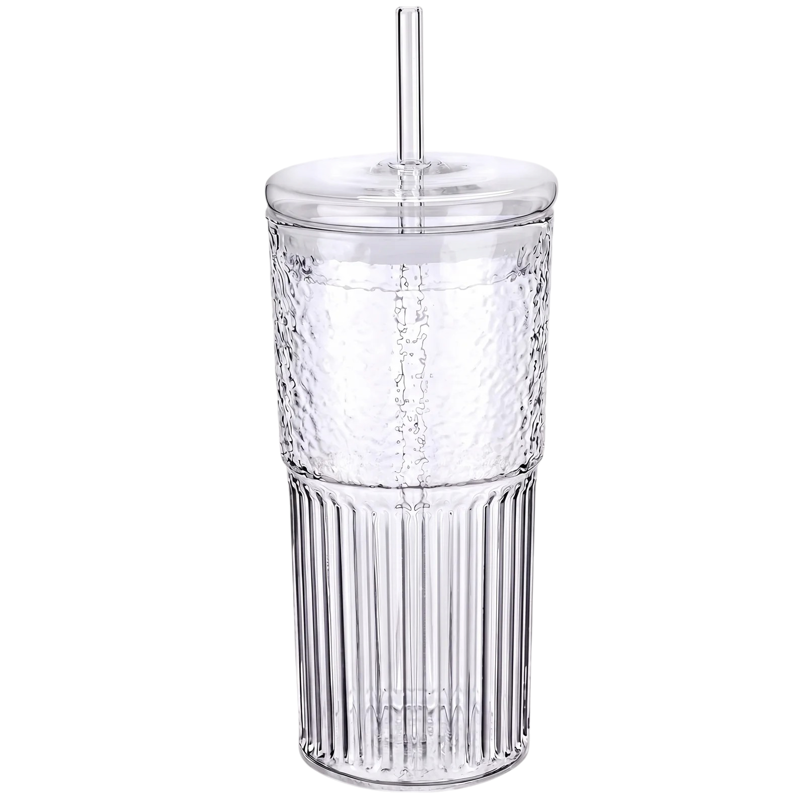 36376_enhanced_background Glaskop med låg og sugerør til kolde drikke med rillet design og dekorativ servering - Billede 1