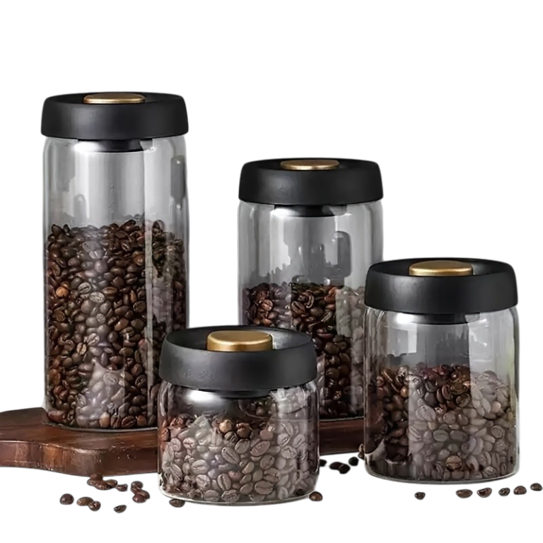 Vakuumbeholder i borosilikatglas med tryklåg til kaffe og tørvarer