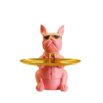Fransk bulldog figur i sorte, lyserøde og grønne nuancer med bakke til nøgler og småting - Billede 3