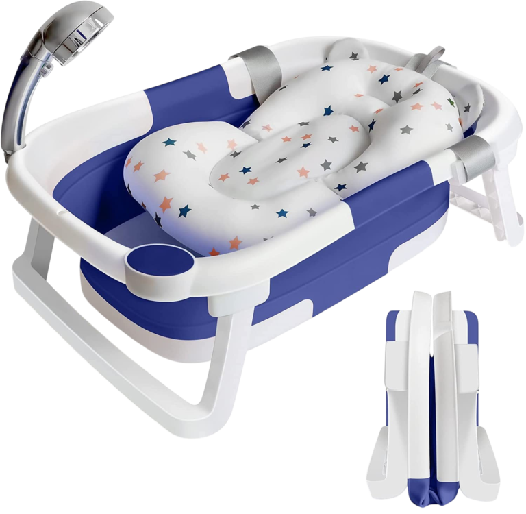 Sammenfoldeligt badekar med ben, bærehåndtag og blød badeindsats til baby og småbørn