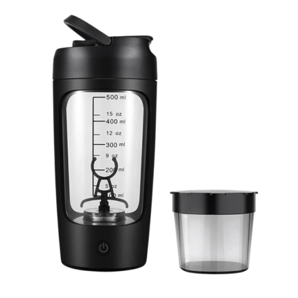 Elektrisk proteinshaker med måleskala, drikkelåg og indbygget blanding til shakes og pulverdrikke