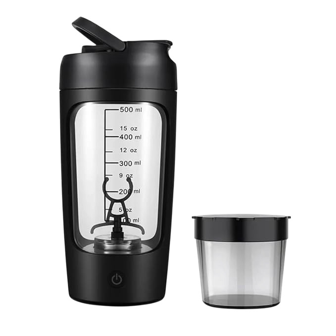 Elektrisk proteinshaker med måleskala, drikkelåg og indbygget blanding til shakes og pulverdrikke