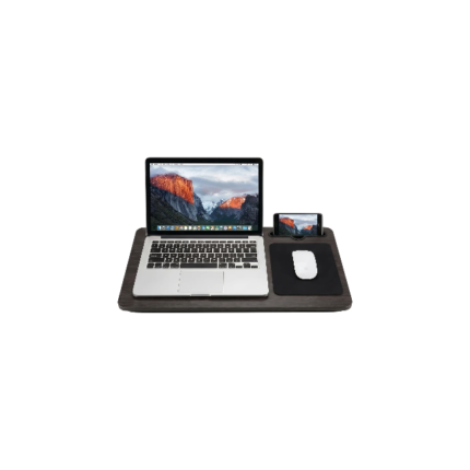 Bærbart laptopbord i mørkebrun og sort med musemåtte og håndledsstøtte til seng og sofa