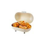 Oval opbevaringsboks i hvid, grøn, grå og sort til brød og kager med låg til køkkenbord og servering