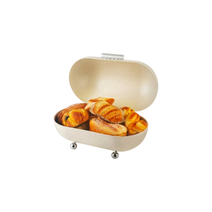 Oval opbevaringsboks i hvid, grøn, grå og sort til brød og kager med låg til køkkenbord og servering