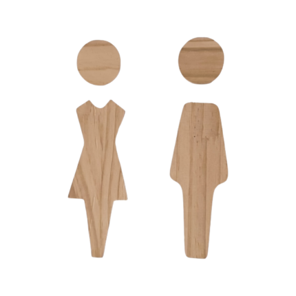 WC-skilt i træ med tydelig kønsindikation og stilrent design til toiletdør, 17 cm