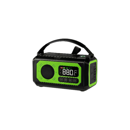 Nødradio med håndsving i mørkegrøn, sort og orange med solceller, lommelygte og powerbank