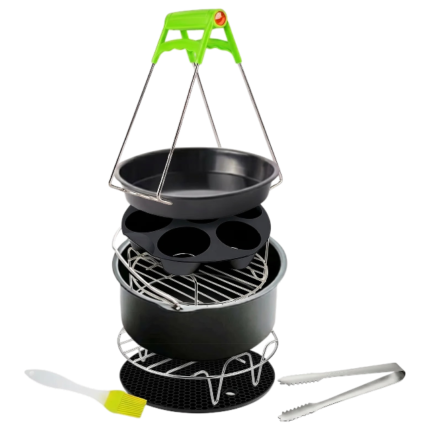 Tilbehørssæt til airfryer til rund model med 10 dele til bagning, grill og løft af varme forme
