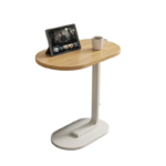 C-formet sidebord til sofa og seng med metalbase og afrundet bordplade