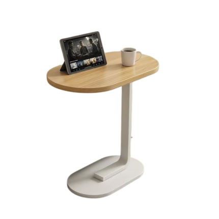 C-formet sidebord til sofa og seng med metalbase og afrundet bordplade