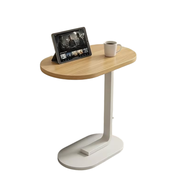 C-formet sidebord til sofa og seng med metalbase og afrundet bordplade