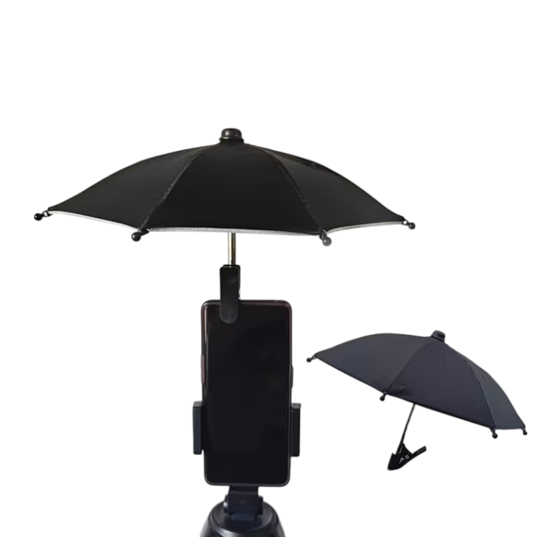 Telefonparasol med clip og fleksibel arm til skygge over mobiltelefon ved udendørs brug