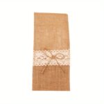 Sæt med 10 bestikposer i jute med blonde og sløjfe, 11 × 22 cm