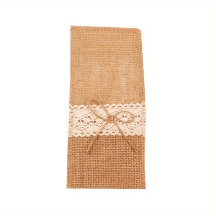 Sæt med 10 bestikposer i jute med blonde og sløjfe, 11 × 22 cm