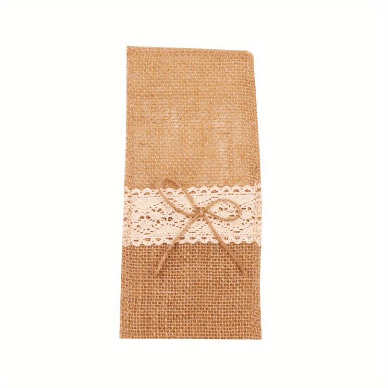 Sæt med 10 bestikposer i jute med blonde og sløjfe, 11 × 22 cm