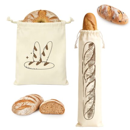 Sæt med to genanvendelige brødposer i kanvas med snørelukning til rundt brød og baguette