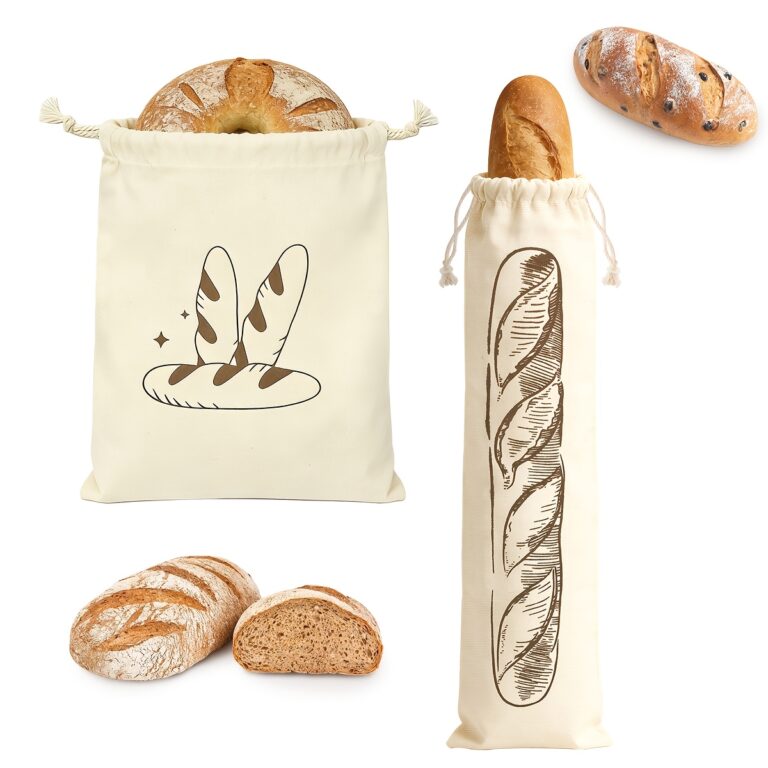 Sæt med to genanvendelige brødposer i kanvas med snørelukning til rundt brød og baguette