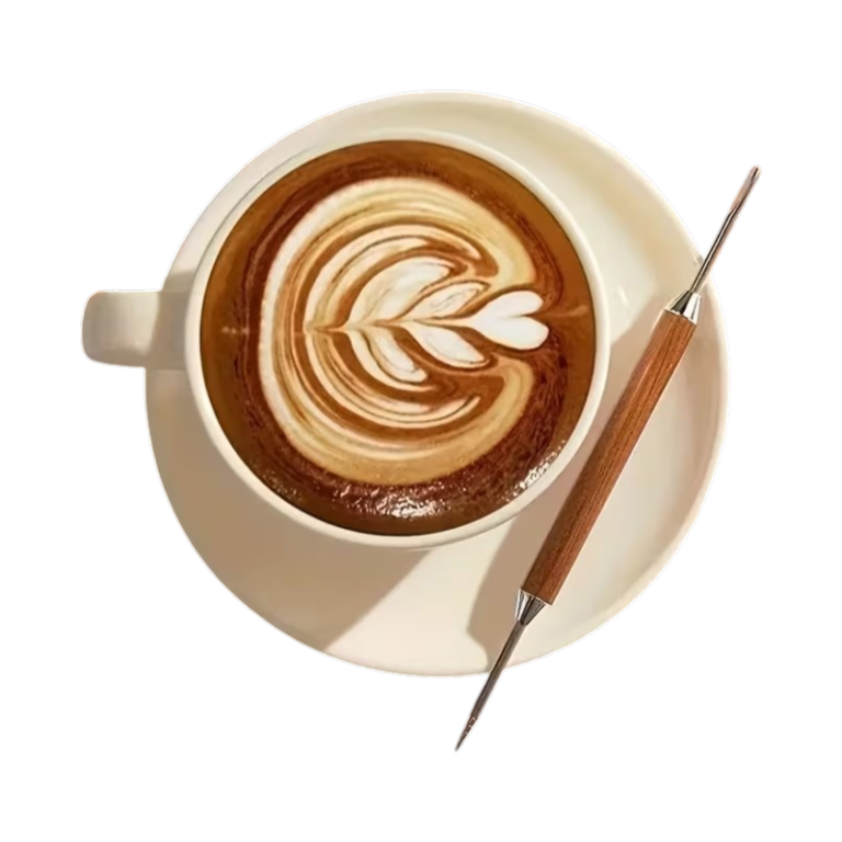 Dobbeltendet latte art-nål med træhåndtag og ender i rustfrit stål