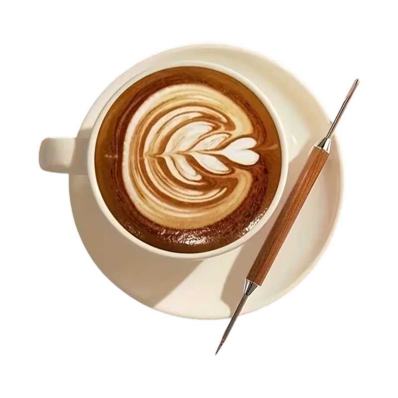 Dobbeltendet latte art-nål med træhåndtag og ender i rustfrit stål