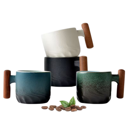 Sæt med keramiske espressokopper på 70 ml med cylindriske træhåndtag