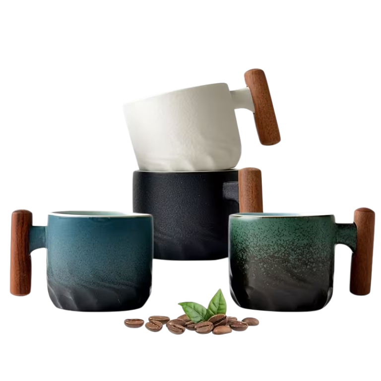 Sæt med keramiske espressokopper på 70 ml med cylindriske træhåndtag