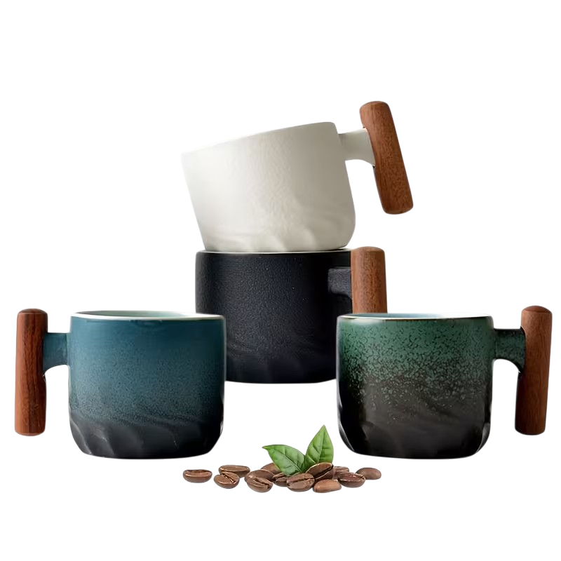 Sæt med keramiske espressokopper på 70 ml med cylindriske træhåndtag