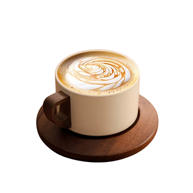 Keramisk kaffekop på 250 ml med rund træunderkop til kaffe, latte og te