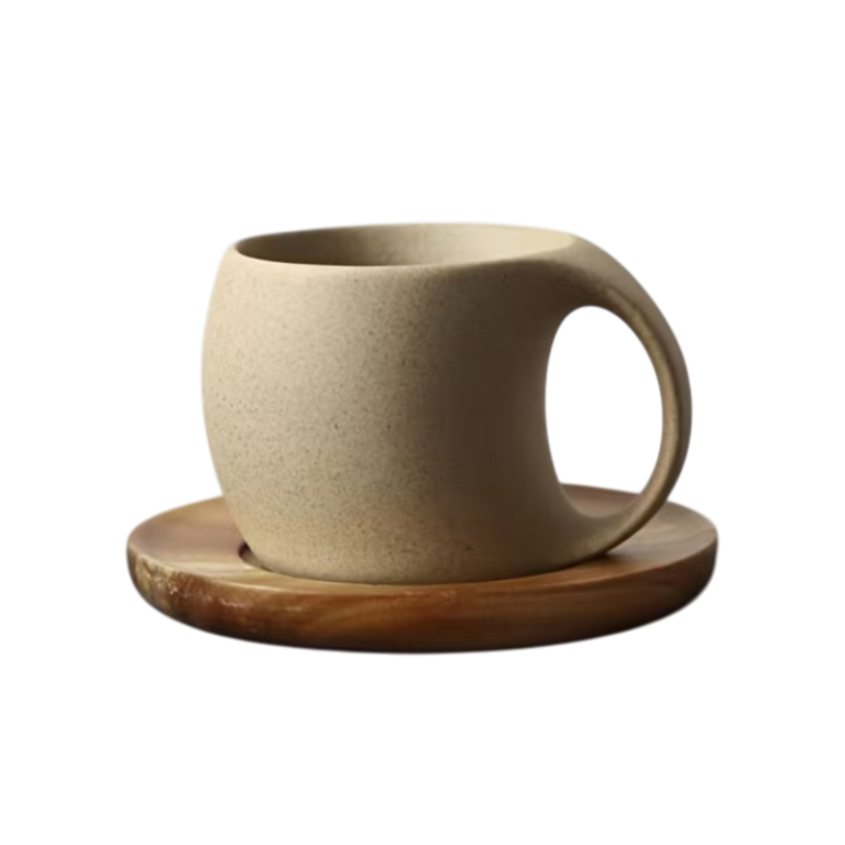 Keramisk kaffekrus med rund underkop i naturligt akacietræ