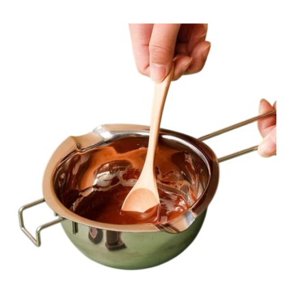 Smelteskål i rustfrit stål med langt håndtag og hældetude til chokolade