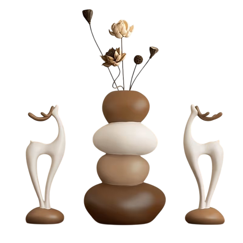 fa019331-f76e-4c4d-8f0a-da1f222264ad Stablet resinvase med to dekorative hjortefigurer i sæt med tre dele