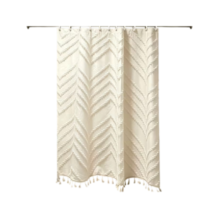 Boheme bruseforhæng i jacquardstof med dekorative kvaster og 12 kroge. Vaskbart badeforhæng til badekar og bruseniche i størrelserne 180 × 180 og 180 × 200 cm.