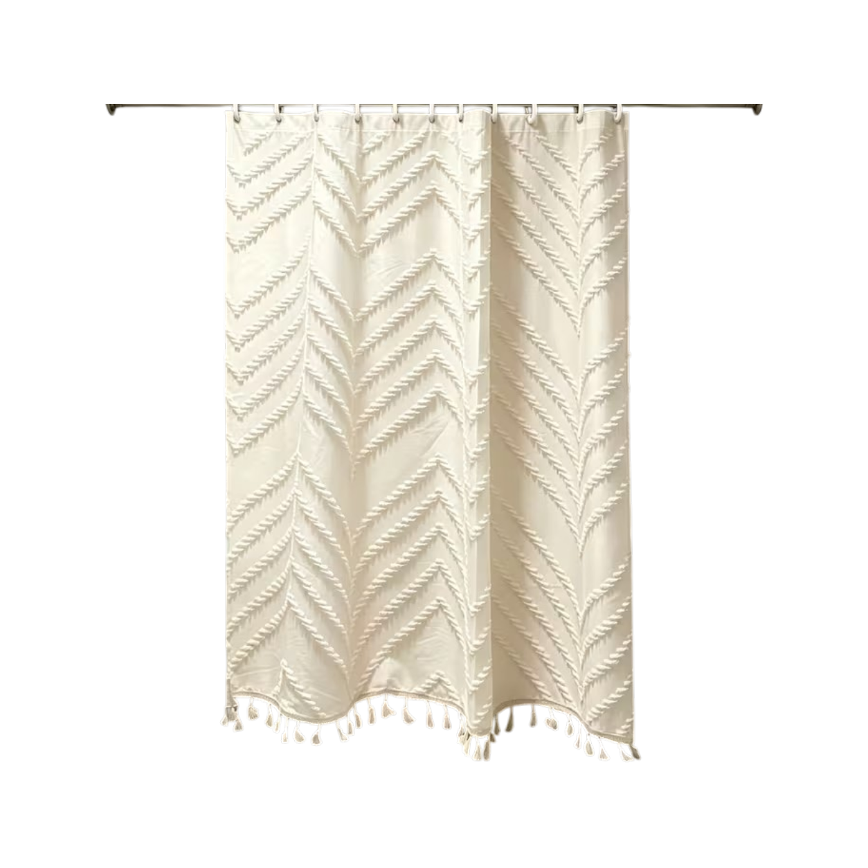 image (20) Boheme bruseforhæng i jacquardstof med dekorative kvaster og 12 kroge. Vaskbart badeforhæng til badekar og bruseniche i størrelserne 180 × 180 og 180 × 200 cm.