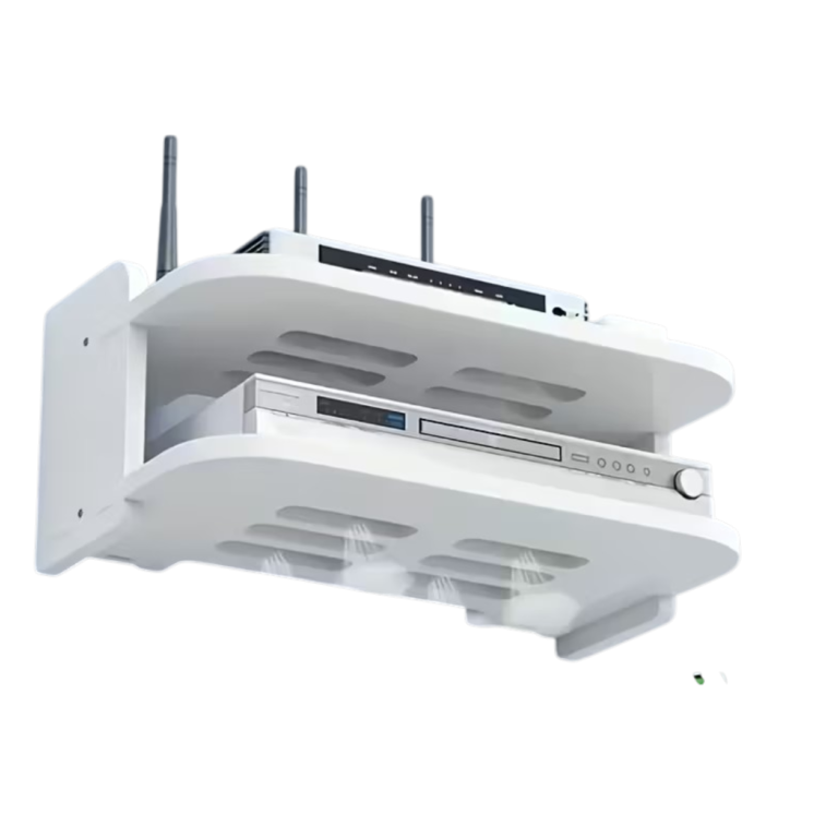 Vægmonteret hylde med to niveauer til router og TV-boks