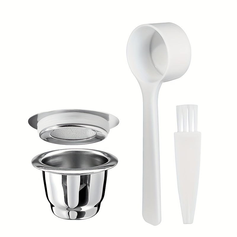 0409780b-575a-462d-8b78-efad6cc377ec.jpg Genanvendelig kaffekapsel i 304 rustfrit stål med låg, doseringsske og rengøringsbørste til kompatible kapselmaskiner